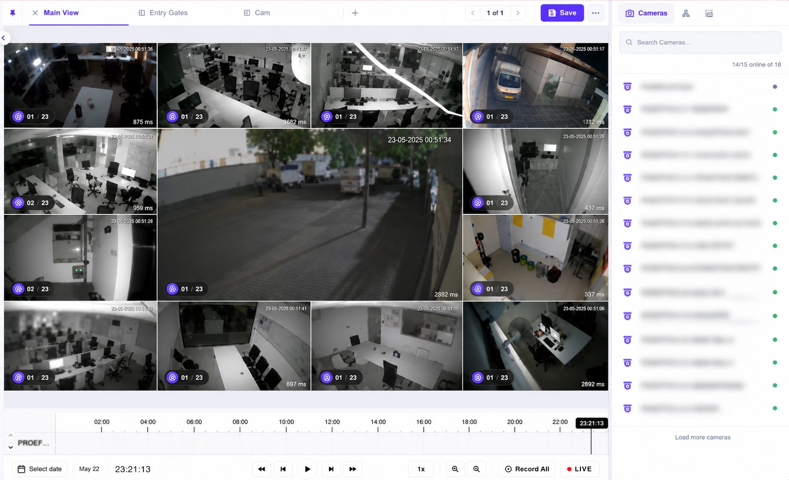 Night-time multi-camera grid — Guard Watcher monitors posts after hours