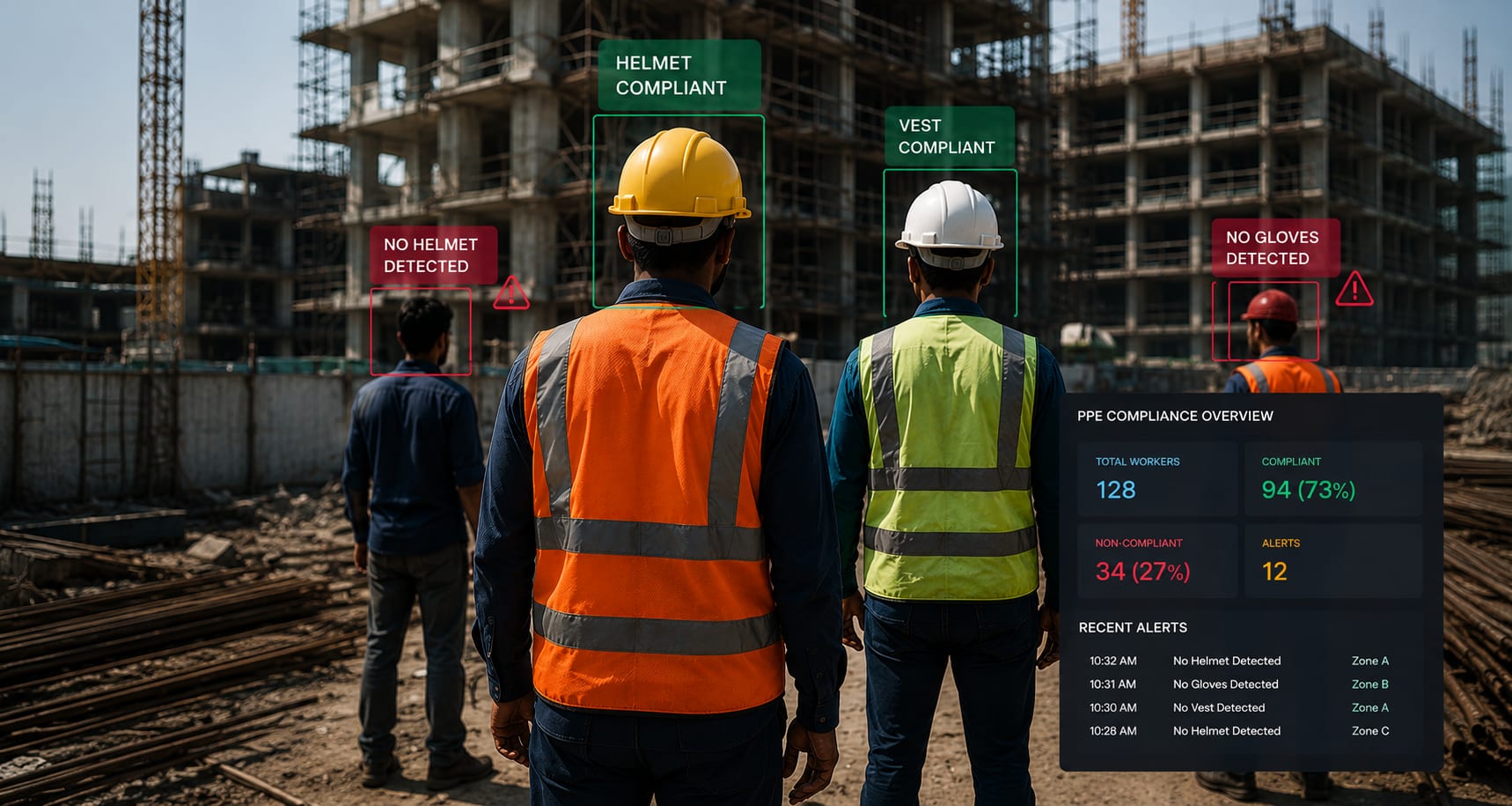 Live PPE detection — helmet, vest, boots, gloves and mask compliance on factory floor