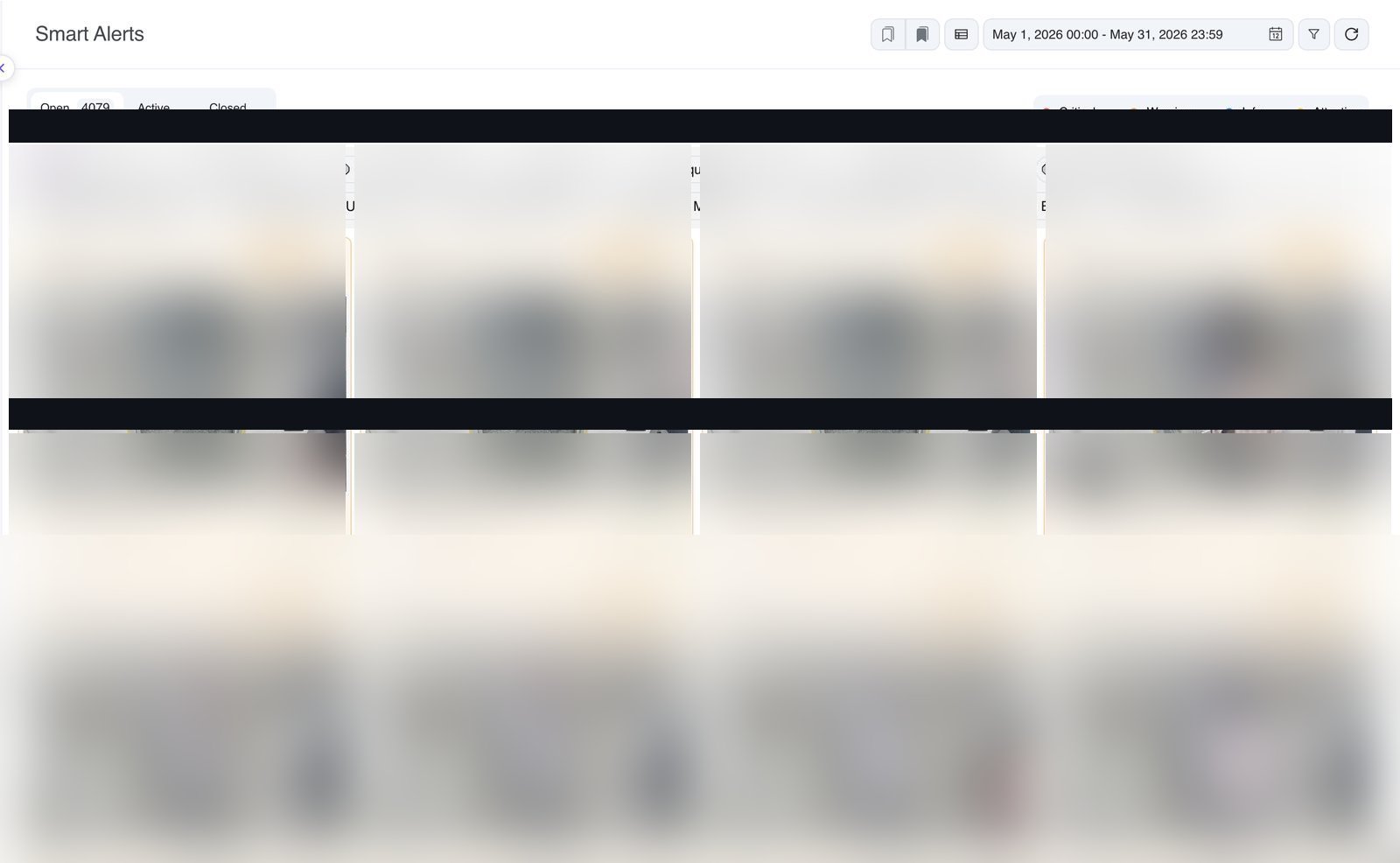 Smart Alerts view with filter pills for POI, camera down, person detected, camera covered, scene change, time drift