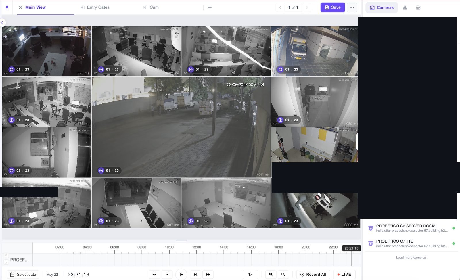 VMS 16-camera live grid with sidebar of available cameras and bottom-timeline scrubber